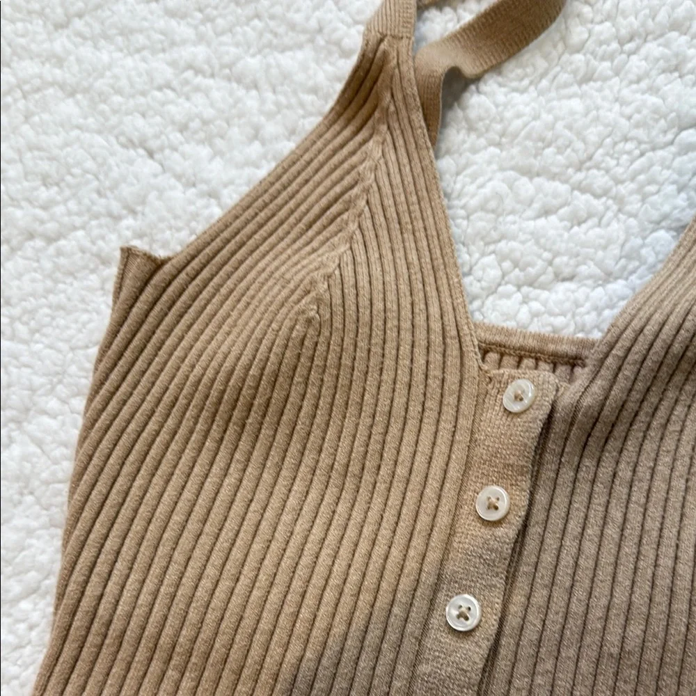 Tan Ribbed Button-Down Women's Top - Picture 3 of 5